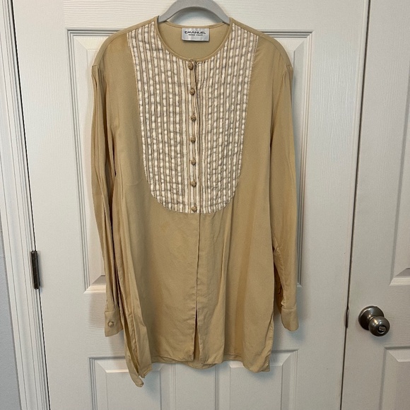 Emanuel Ungaro Silk Stripe Bib Tunic Blouse Cream Button Up Long Sleeve Office M - Picture 1 of 4
